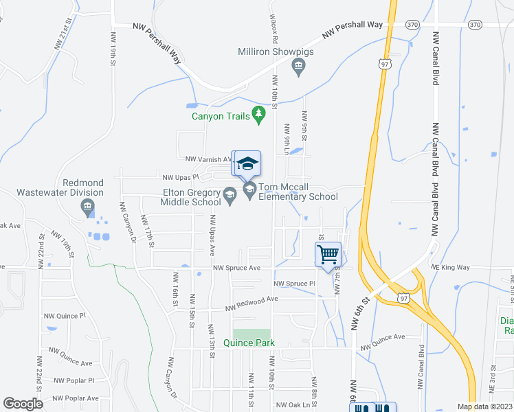 map of restaurants, bars, coffee shops, grocery stores, and more near 1200 Northwest Upas Avenue in Redmond