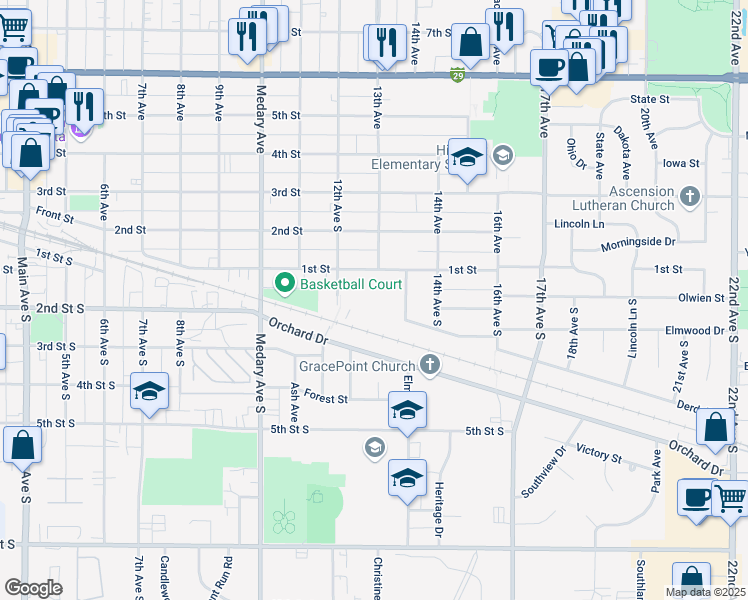 map of restaurants, bars, coffee shops, grocery stores, and more near 208 Gilley Avenue South in Brookings