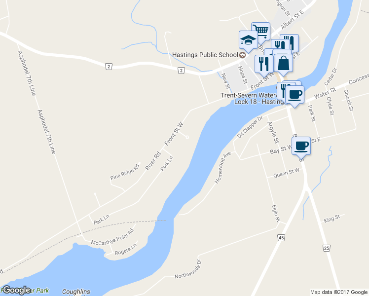 map of restaurants, bars, coffee shops, grocery stores, and more near 18 Rosecliff Court in Northumberland County