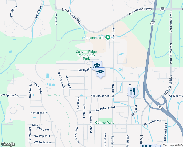 map of restaurants, bars, coffee shops, grocery stores, and more near 1317 Northwest Upas Avenue in Redmond
