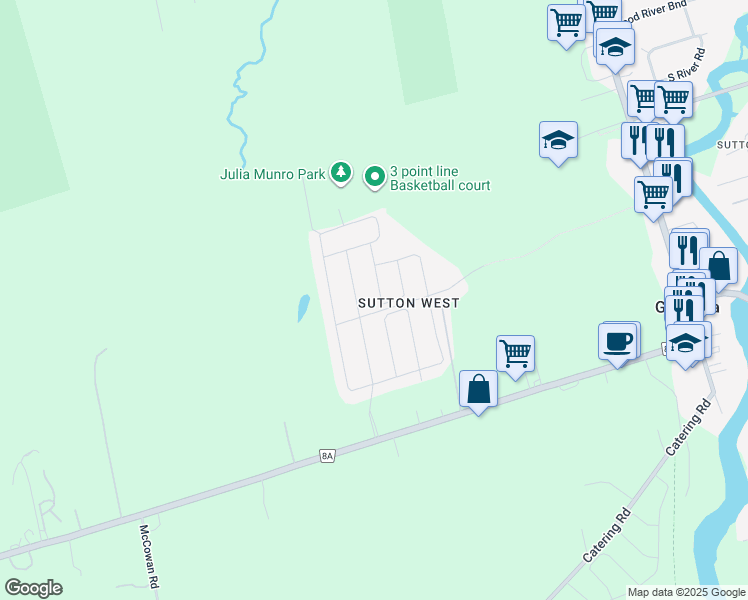 map of restaurants, bars, coffee shops, grocery stores, and more near 8 Beechener Street in Georgina