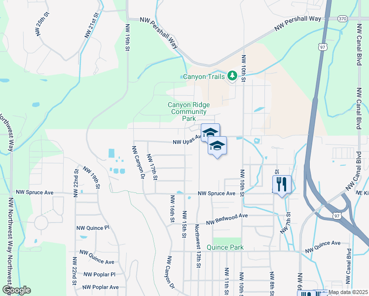 map of restaurants, bars, coffee shops, grocery stores, and more near 3340 Northwest 15th Street in Redmond