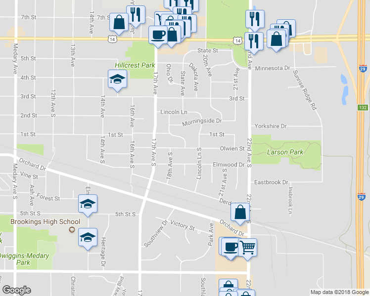 map of restaurants, bars, coffee shops, grocery stores, and more near 1898 Olwien Street in Brookings