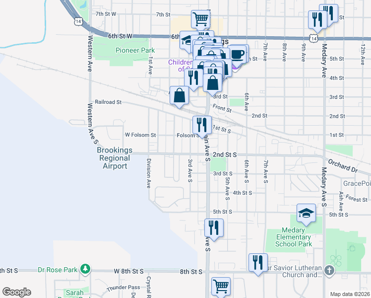 map of restaurants, bars, coffee shops, grocery stores, and more near 144 3rd Avenue South in Brookings