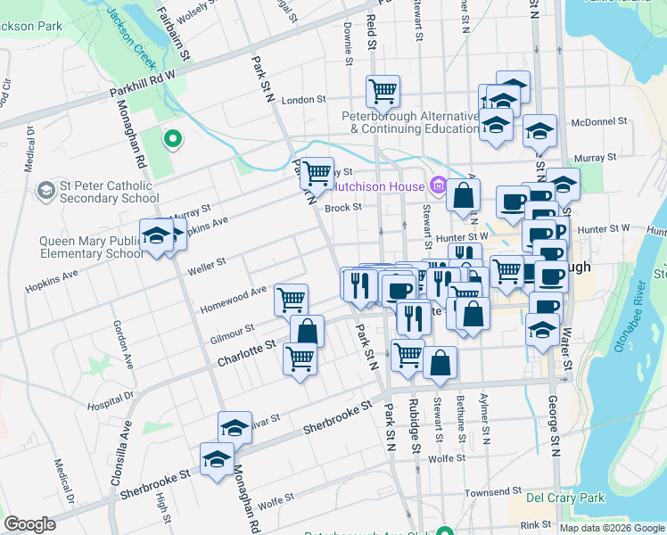 map of restaurants, bars, coffee shops, grocery stores, and more near 379 Park Street North in Peterborough