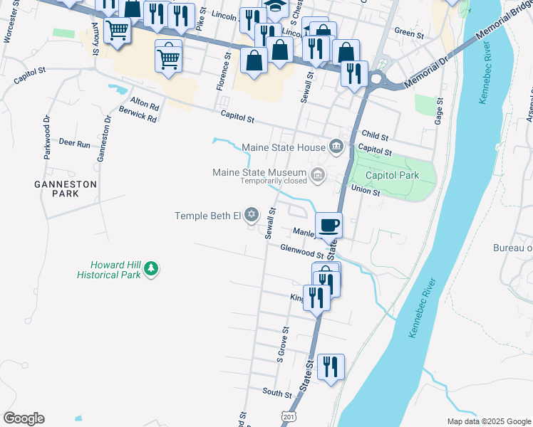 map of restaurants, bars, coffee shops, grocery stores, and more near 148 Sewall Street in Augusta
