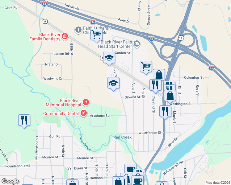 map of restaurants, bars, coffee shops, grocery stores, and more near 520 Forrest Street in Black River Falls