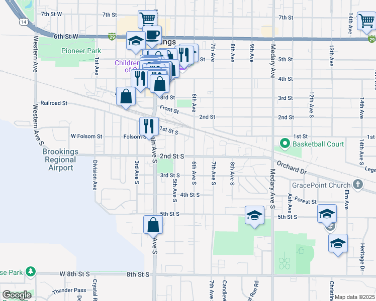 map of restaurants, bars, coffee shops, grocery stores, and more near 508 2nd Street South in Brookings