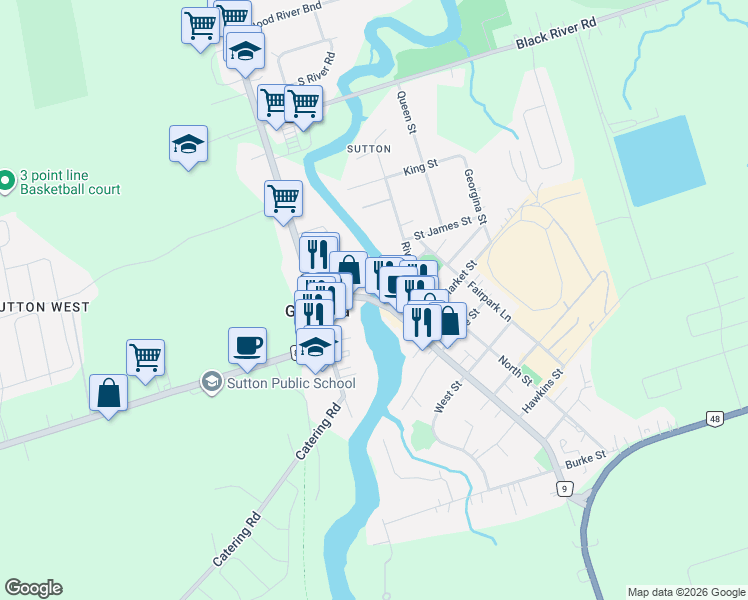 map of restaurants, bars, coffee shops, grocery stores, and more near 116 High Street in Georgina