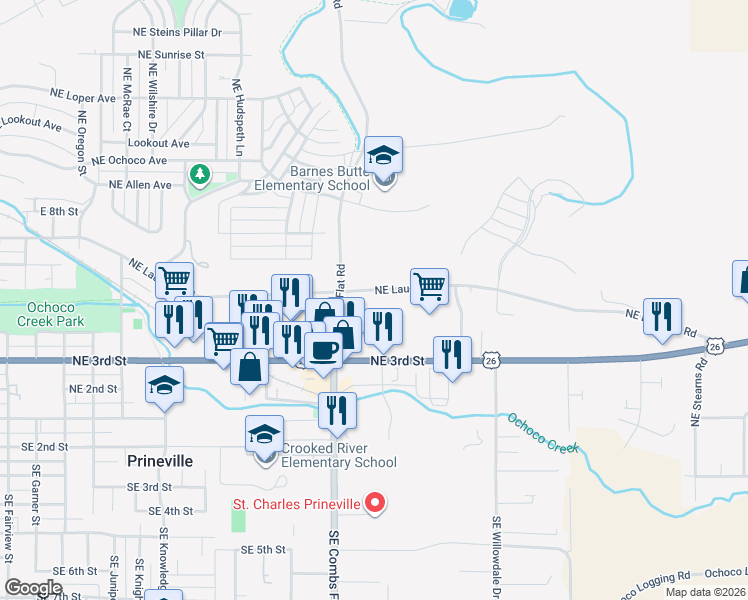 map of restaurants, bars, coffee shops, grocery stores, and more near 1802 Northeast Laughlin Road in Prineville
