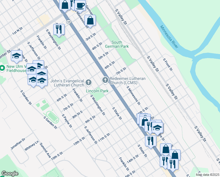 map of restaurants, bars, coffee shops, grocery stores, and more near 701 South Broadway Street in New Ulm