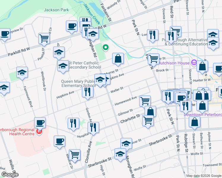 map of restaurants, bars, coffee shops, grocery stores, and more near 585 Hopkins Avenue in Peterborough