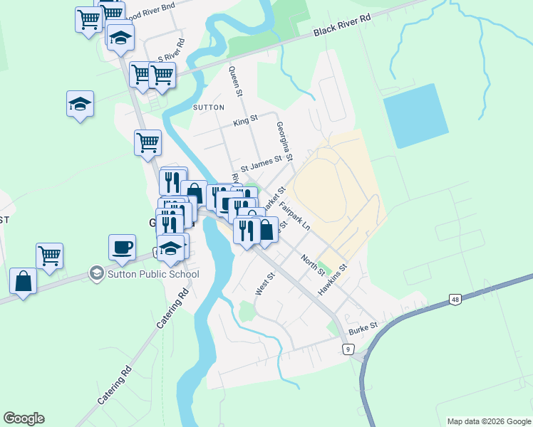 map of restaurants, bars, coffee shops, grocery stores, and more near 31 Marie Street in Georgina