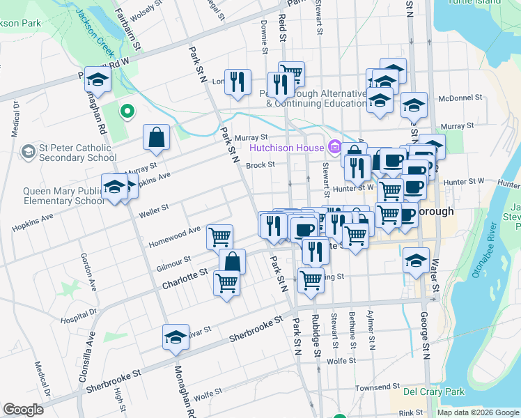 map of restaurants, bars, coffee shops, grocery stores, and more near 380 Park Street North in Peterborough