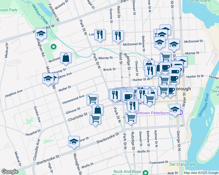 map of restaurants, bars, coffee shops, grocery stores, and more near 380 Park Street North in Peterborough