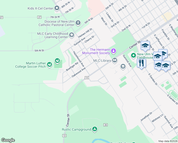 map of restaurants, bars, coffee shops, grocery stores, and more near 1526 Oakwood Avenue in New Ulm
