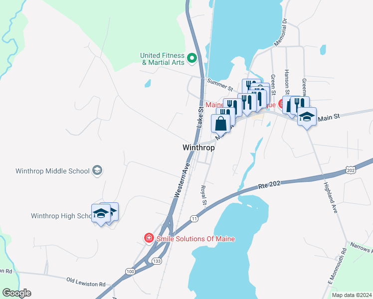 map of restaurants, bars, coffee shops, grocery stores, and more near 7 High Street in Winthrop
