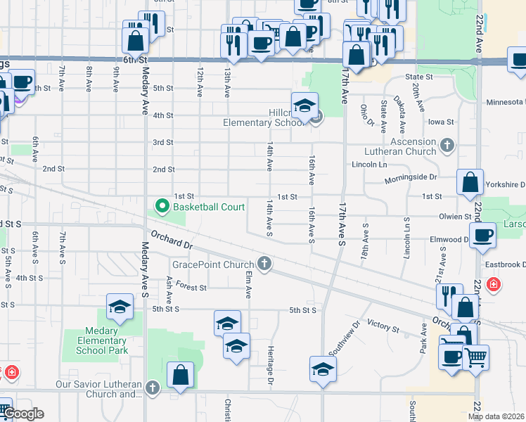 map of restaurants, bars, coffee shops, grocery stores, and more near 1345 1st Street in Brookings