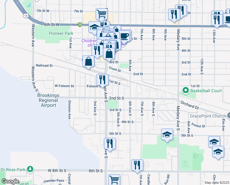 map of restaurants, bars, coffee shops, grocery stores, and more near 119 Main Avenue South in Brookings