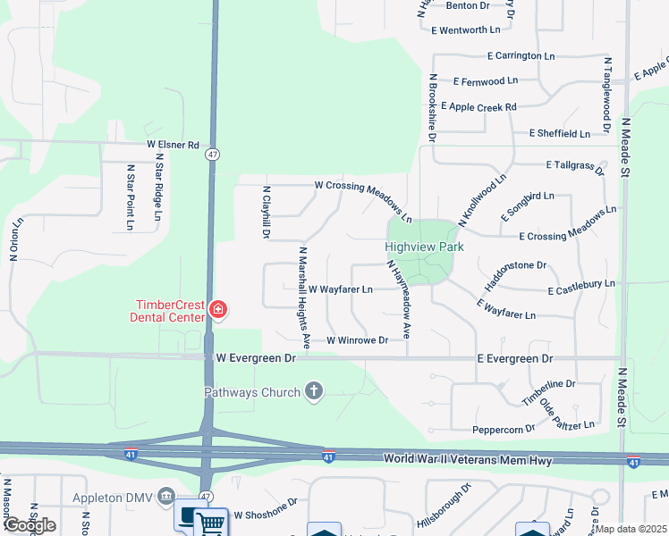 map of restaurants, bars, coffee shops, grocery stores, and more near 4333 North Woodridge Drive in Appleton