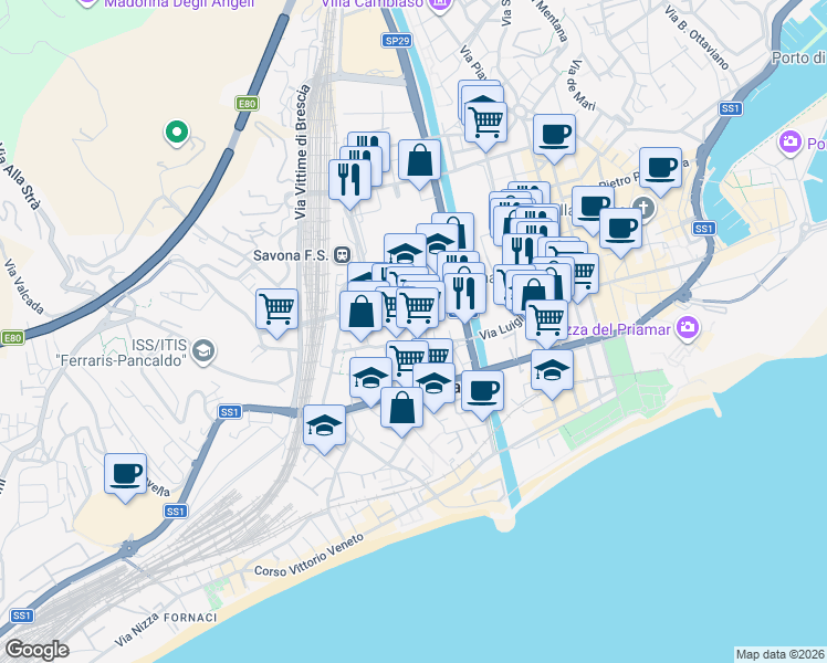 map of restaurants, bars, coffee shops, grocery stores, and more near 23 Via Giacomo Leopardi in Savona