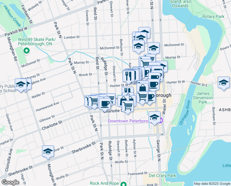 map of restaurants, bars, coffee shops, grocery stores, and more near Stewart Street in Peterborough