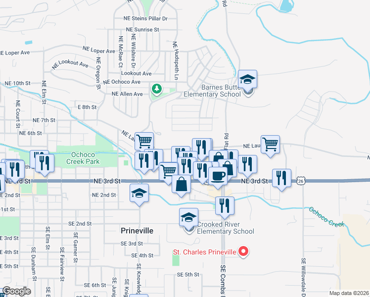 map of restaurants, bars, coffee shops, grocery stores, and more near 1164 Northeast Laughlin Road in Prineville