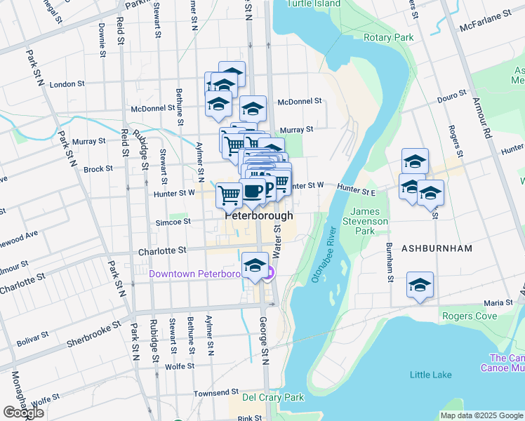 map of restaurants, bars, coffee shops, grocery stores, and more near 378 George Street North in Peterborough