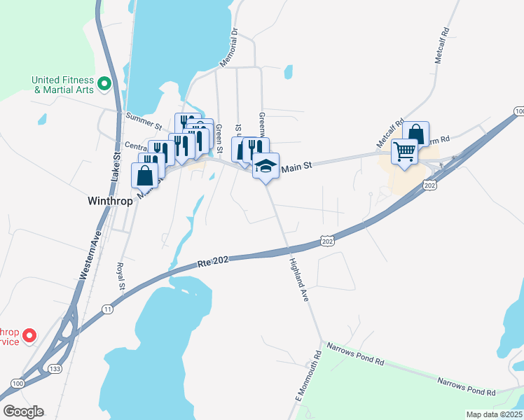 map of restaurants, bars, coffee shops, grocery stores, and more near 23 Highland Avenue in Winthrop