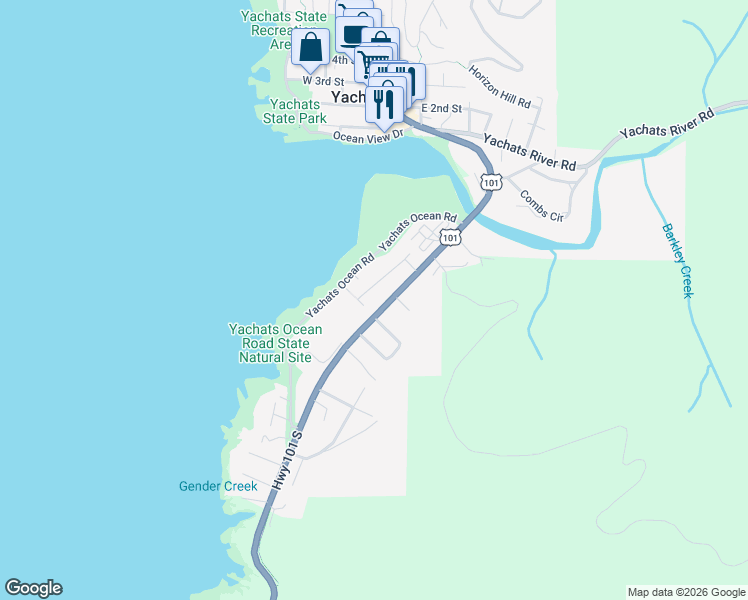 map of restaurants, bars, coffee shops, grocery stores, and more near 47-439 Shell St in Yachats
