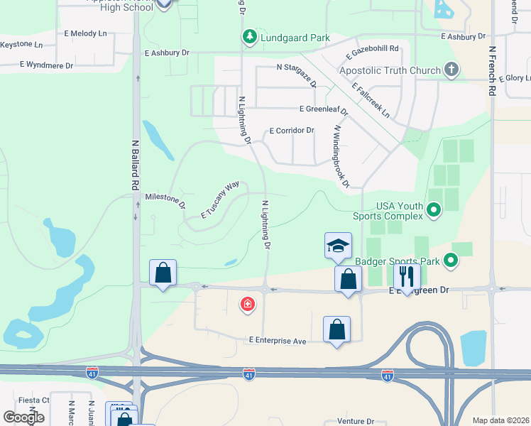 map of restaurants, bars, coffee shops, grocery stores, and more near 2725 East Milestone Court in Appleton