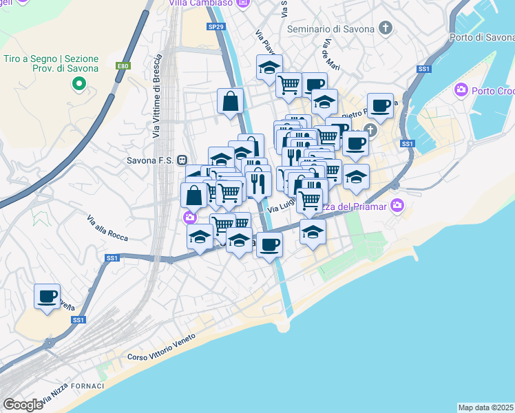 map of restaurants, bars, coffee shops, grocery stores, and more near 4 Corso Agostino Ricci in Savona