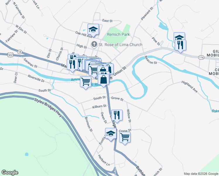 map of restaurants, bars, coffee shops, grocery stores, and more near 16 Cottage Street in Littleton