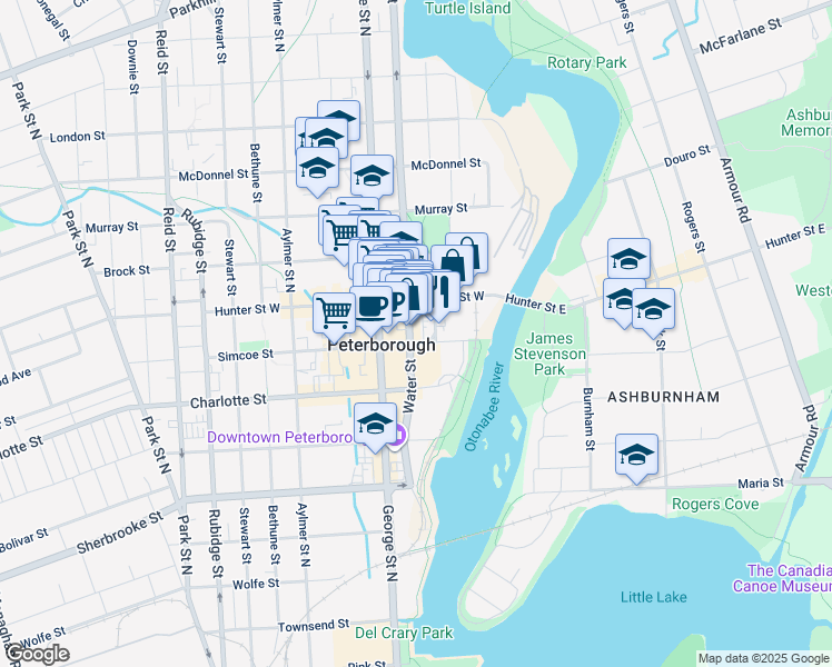 map of restaurants, bars, coffee shops, grocery stores, and more near 372 Queen Street in Peterborough