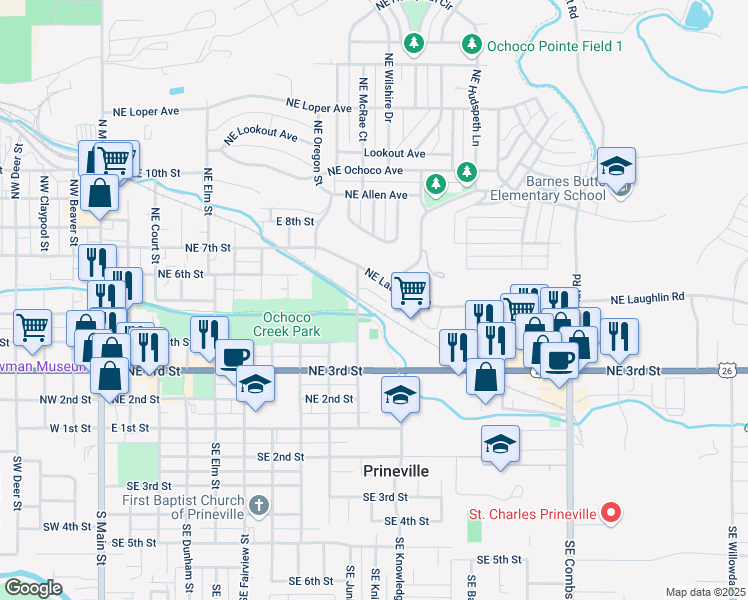 map of restaurants, bars, coffee shops, grocery stores, and more near 1010 Northeast Laughlin Road in Prineville