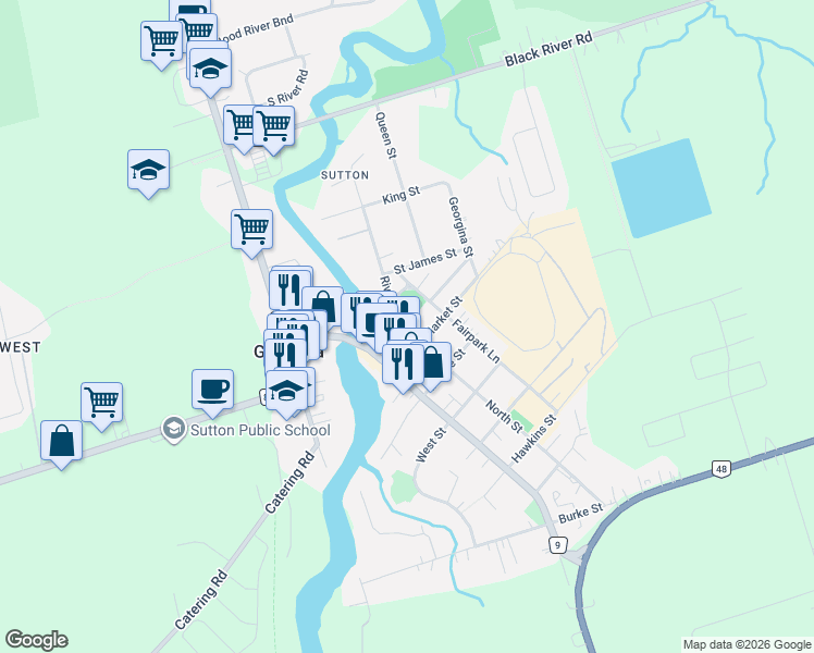 map of restaurants, bars, coffee shops, grocery stores, and more near 113 North Street in Georgina
