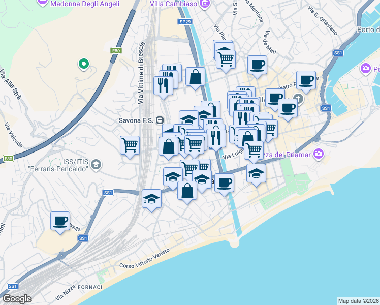 map of restaurants, bars, coffee shops, grocery stores, and more near 23 Via Giacomo Leopardi in Savona
