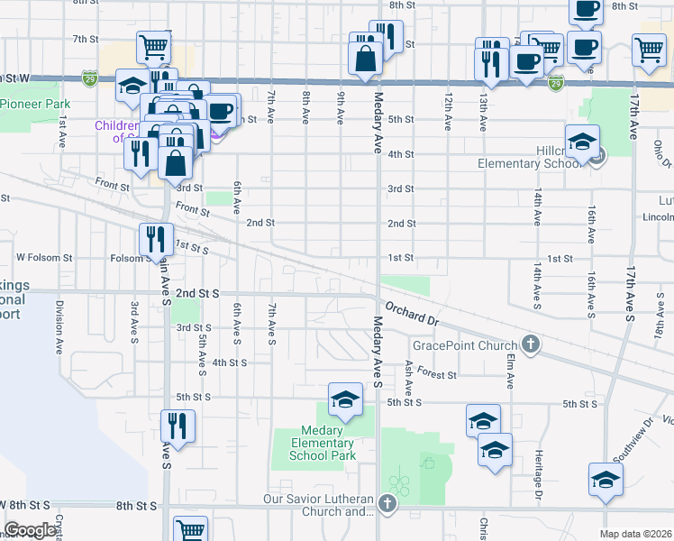 map of restaurants, bars, coffee shops, grocery stores, and more near 103 9th Avenue in Brookings