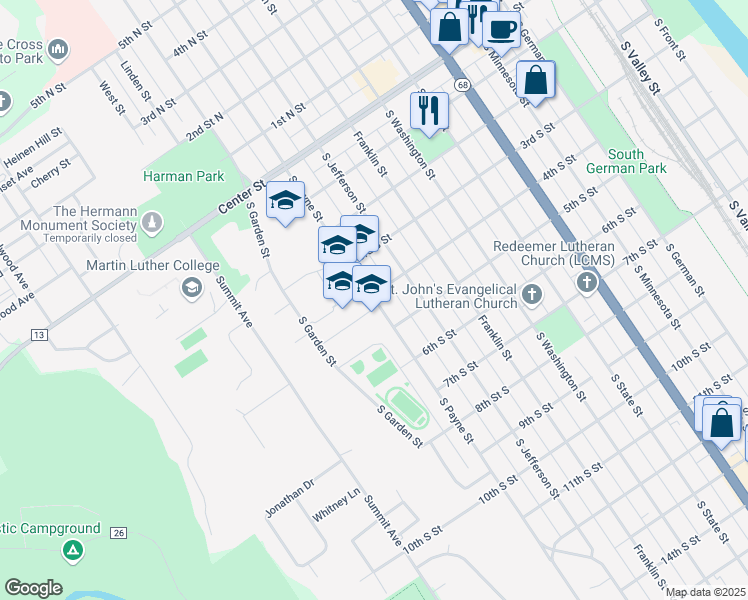 map of restaurants, bars, coffee shops, grocery stores, and more near 414 South Payne Street in New Ulm