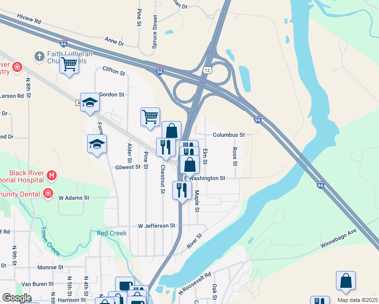 map of restaurants, bars, coffee shops, grocery stores, and more near 624 Elm Street in Black River Falls