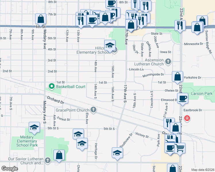 map of restaurants, bars, coffee shops, grocery stores, and more near 1430-1598 1st Street in Brookings