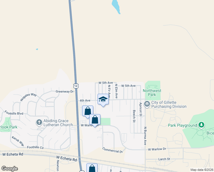 map of restaurants, bars, coffee shops, grocery stores, and more near 1501-1599 West 5th Avenue in Gillette