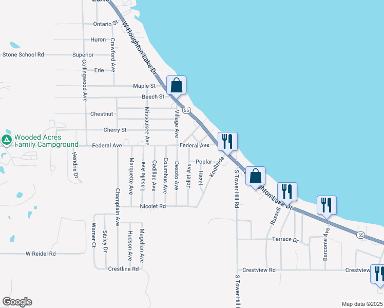 map of restaurants, bars, coffee shops, grocery stores, and more near 101 Joliet Avenue in Houghton Lake