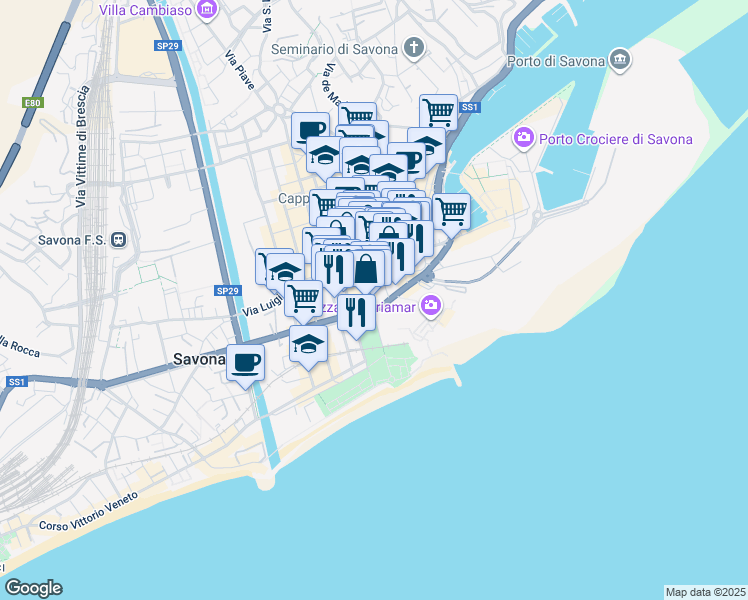 map of restaurants, bars, coffee shops, grocery stores, and more near 31 Corso Italia in Savona