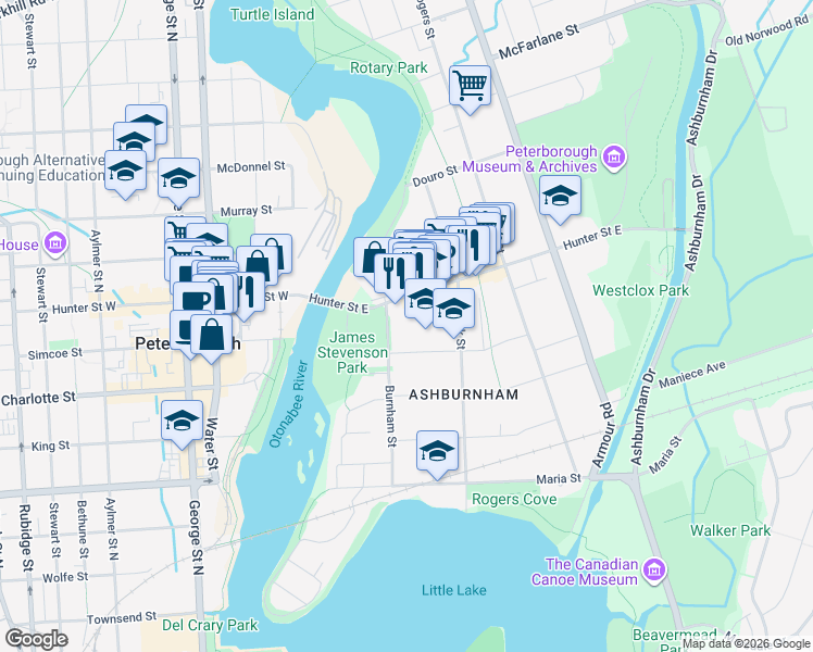map of restaurants, bars, coffee shops, grocery stores, and more near 386a Burnham Street in Peterborough