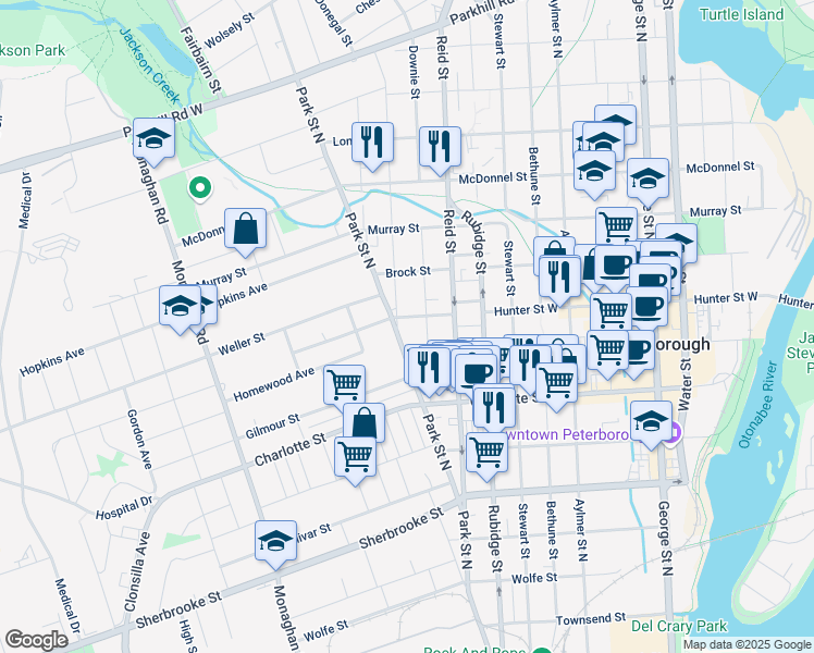 map of restaurants, bars, coffee shops, grocery stores, and more near in Peterborough