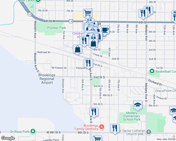 map of restaurants, bars, coffee shops, grocery stores, and more near 112 Main Avenue South in Brookings