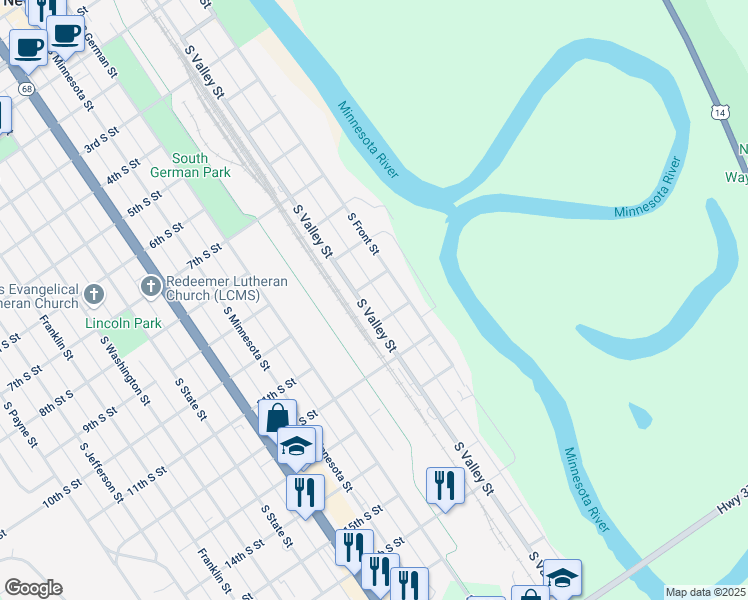 map of restaurants, bars, coffee shops, grocery stores, and more near 1006 South Front Street in New Ulm