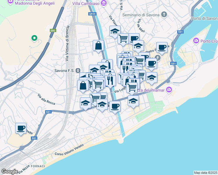 map of restaurants, bars, coffee shops, grocery stores, and more near 21 Corso Agostino Ricci in Savona