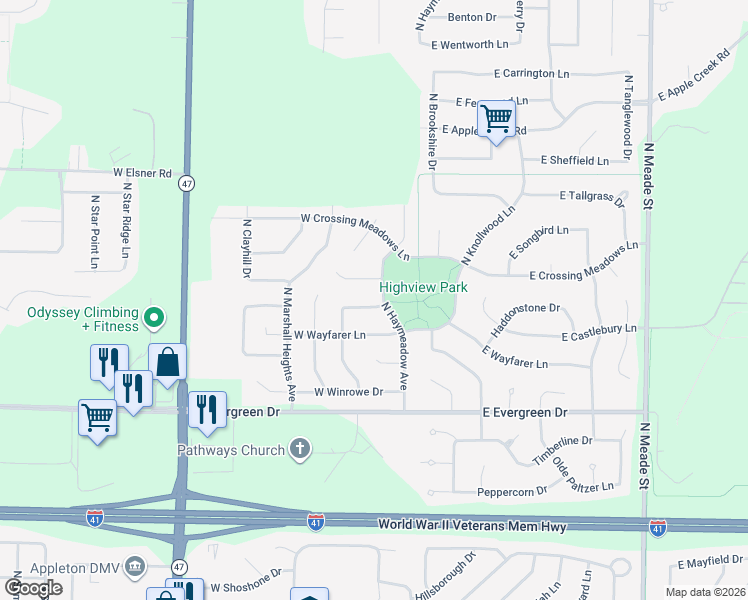 map of restaurants, bars, coffee shops, grocery stores, and more near 4413 North Haymeadow Avenue in Appleton